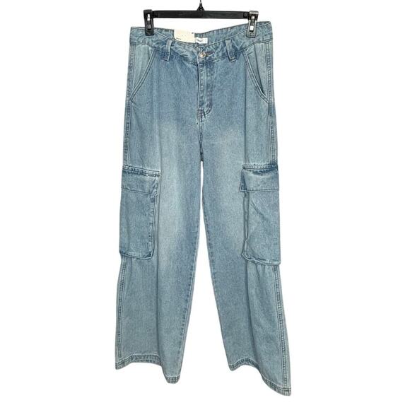 Forever 21 Denim Wide Leg Cargo Light Wash High Rise Pocket Jeans Size 29 New - Picture 1 of 9